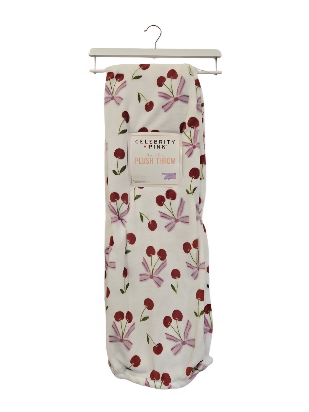 Celebrity Pink White Plush Throw with Red Cherry & Pink Bow Print - Picture 2 of 3